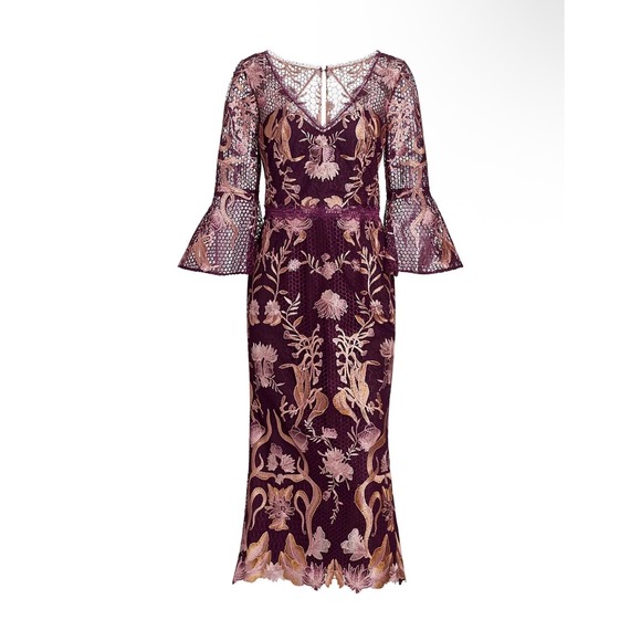 Marchesa Notte Flutter Sleeve V-Neck Embroidered Guipure Lace Midi Dress Size 10 - Picture 2 of 13